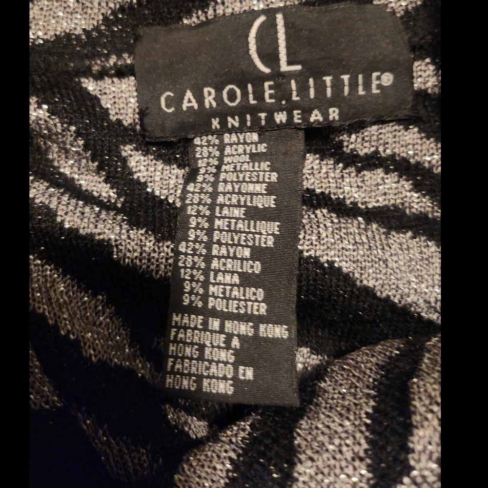 VINTAGE CAROLE LITTLE KNITWEAR BLACK/SILVER LUREK ZEBRA KNIT CARDIGAN SIZE XL - Picture 3 of 3